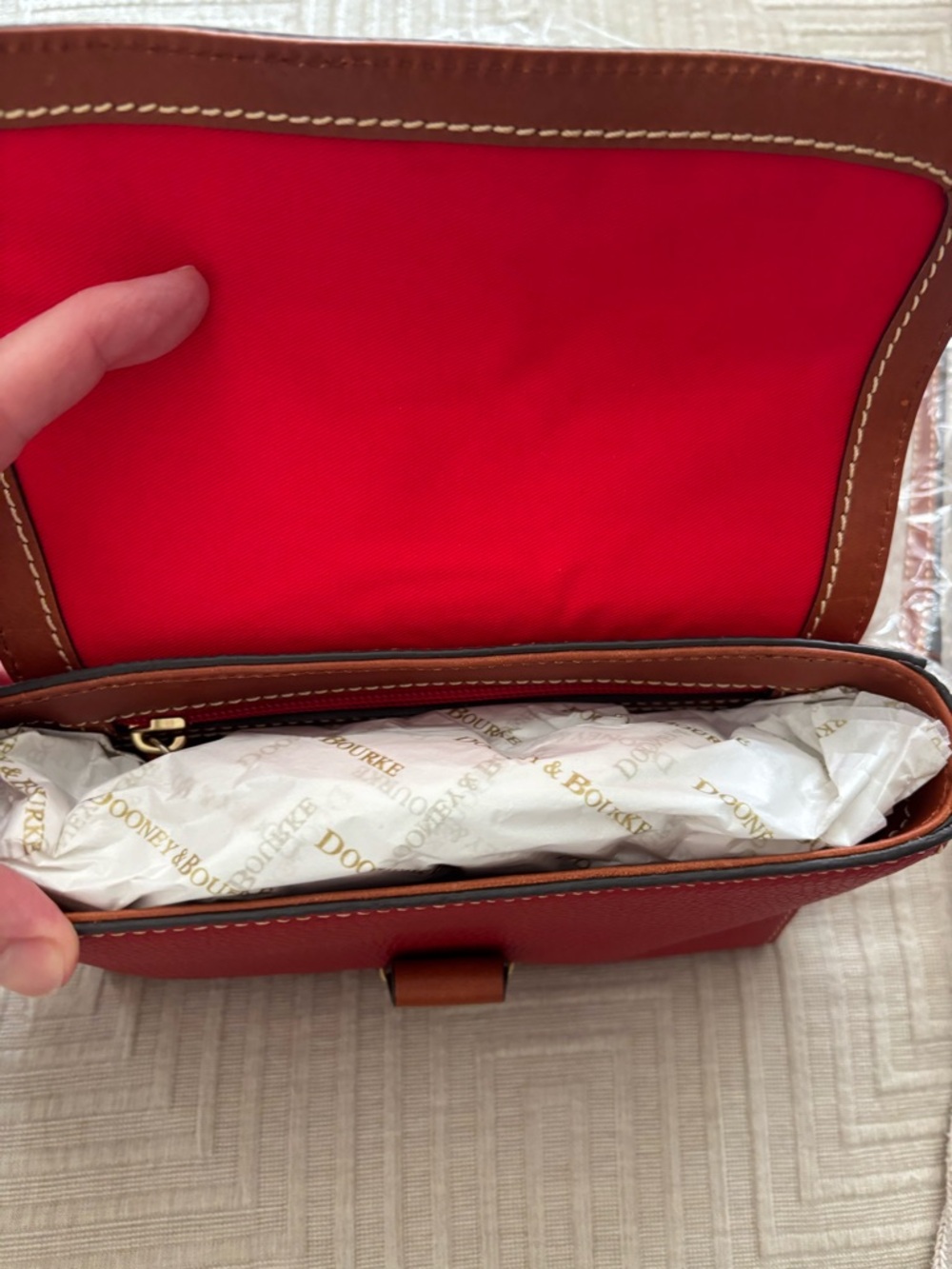 Dooney & Bourke Red Leather Shoulder Bag with Brown Trim and Gold Hardware - Picture 6 of 6